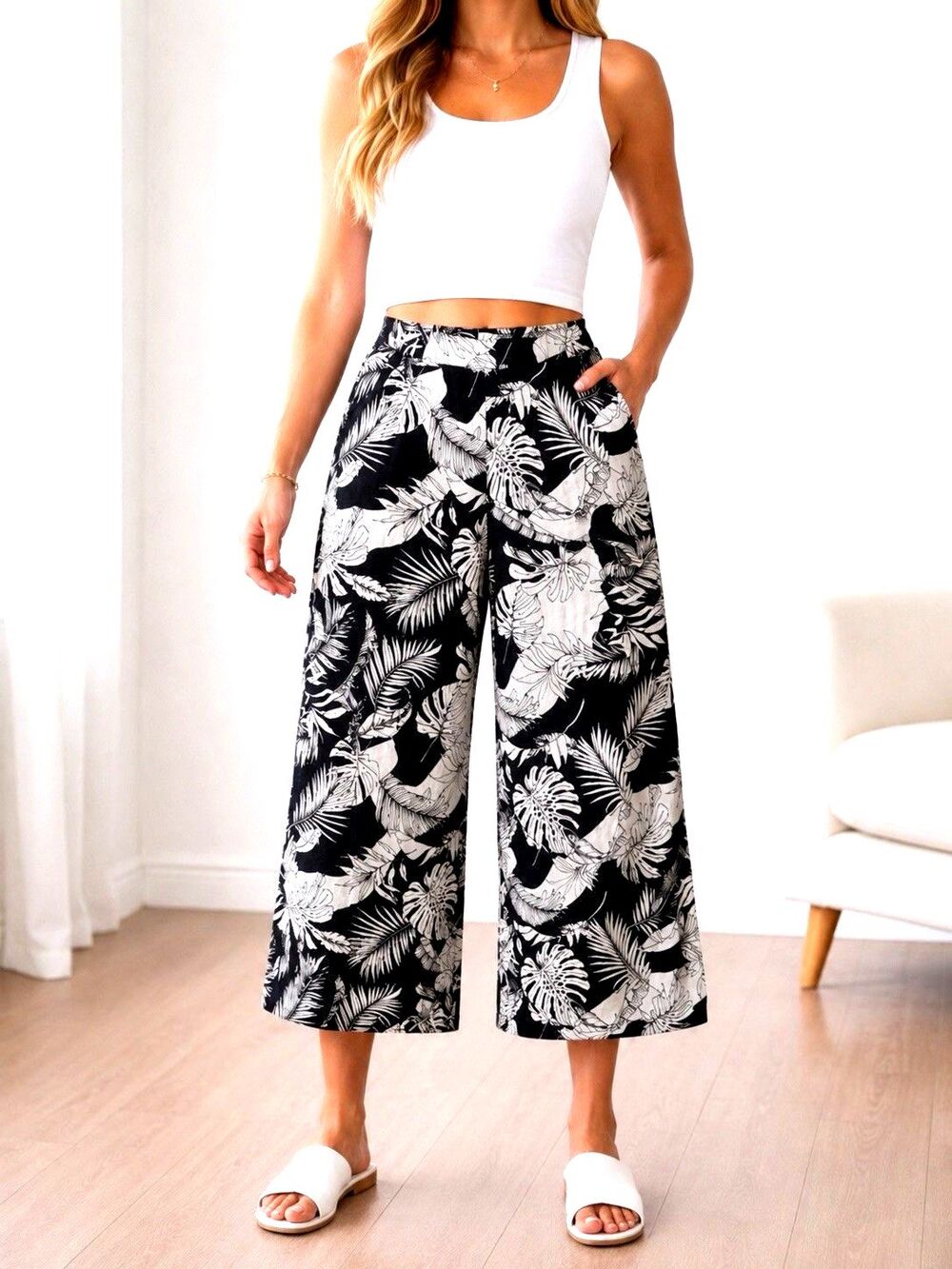 Christian Siriano Linen Culotte Pants S Black White Tropical Wide Leg Crop